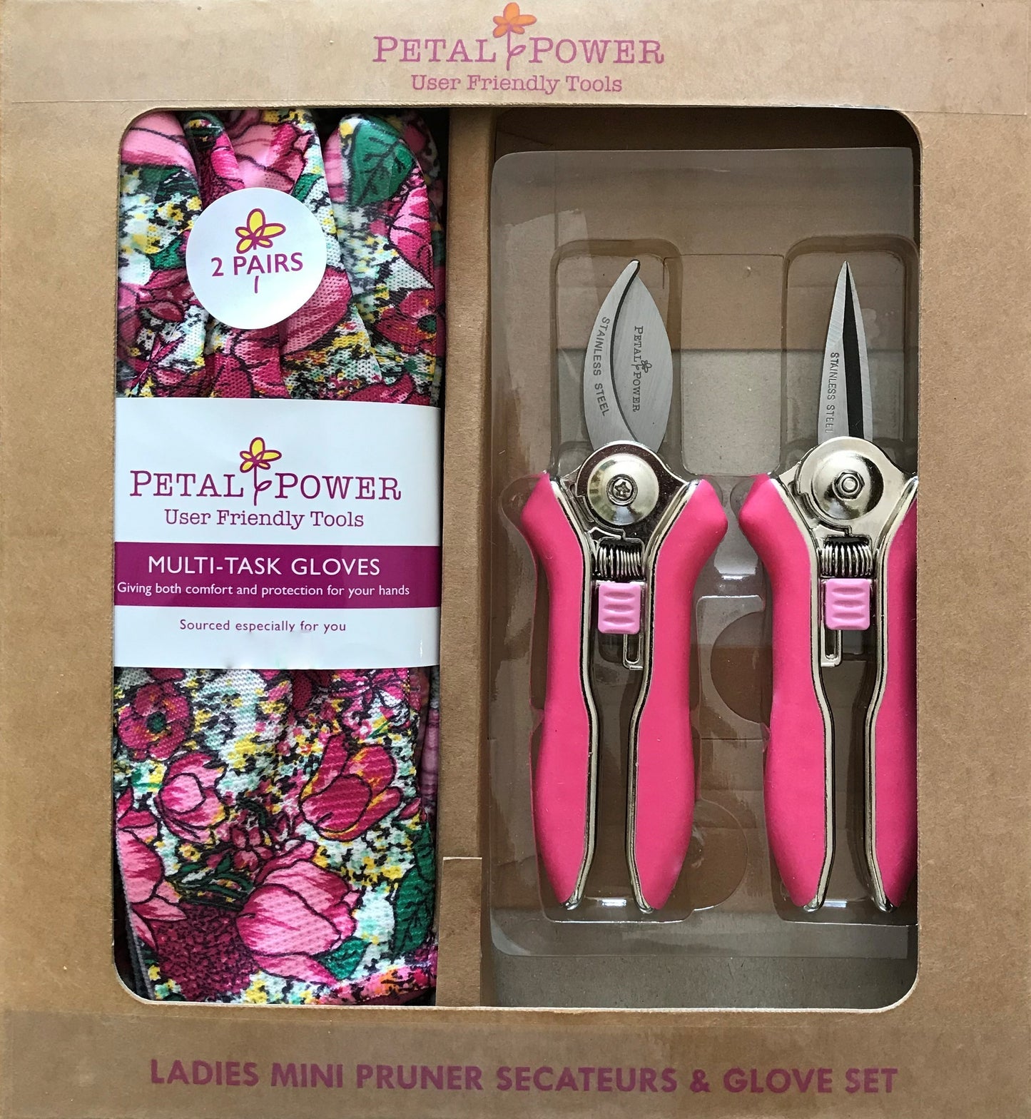 Petal Power Ladies Garden Gloves (2 pairs) & Mini Pruner Secateurs Set - Ladies Garden Gift