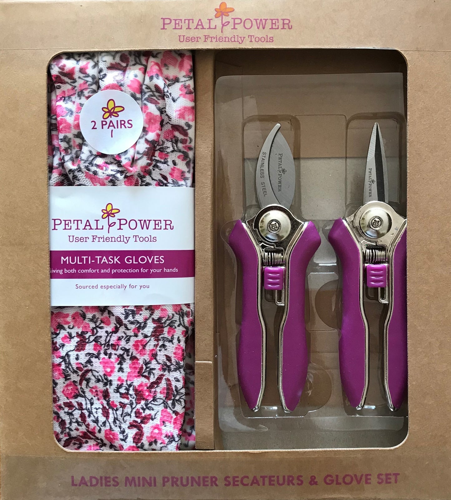 Petal Power Ladies Garden Gloves (2 pairs) & Mini Pruner Secateurs Set - Perfect Ladies Garden Gift