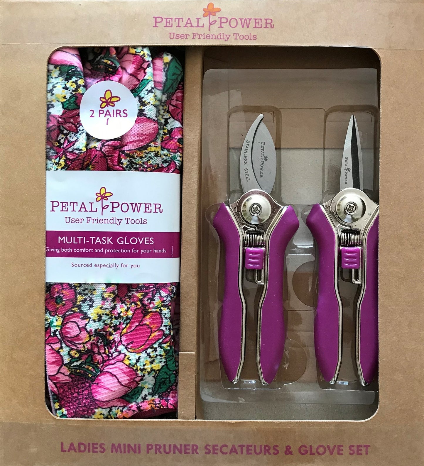 Petal Power Ladies Garden Gloves (2 pairs) & Mini Pruner Secateurs Set - Ladies Garden Gift