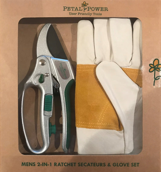 Petal Power Men's Leather Gardening Gloves & 2-in-1 Ratchet Secateurs Set - Ideal Garden Gift