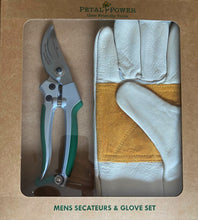 Load image into Gallery viewer, Petal Power Men&#39;s Leather Gardening Gloves &amp; Bypass Secateurs Set - Ideal Garden Gift for men
