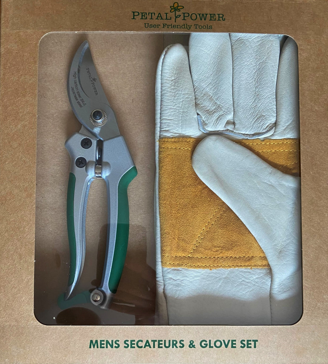 Petal Power Men's Leather Gardening Gloves & Bypass Secateurs Set - Ideal Garden Gift for men
