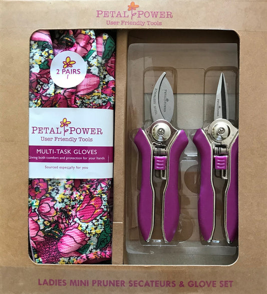 Petal Power Ladies Garden Gloves (2 pairs) & Mini Pruner Secateurs Set - Ladies Garden Gift